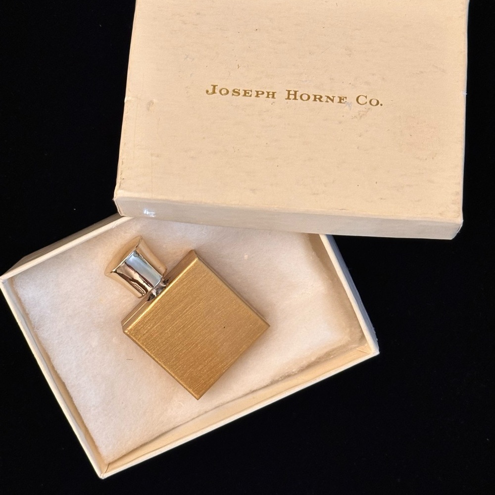 Vintage perfume bottle and funnel gold tone new in box engravable gift idea